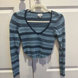 Blue Striped V-Neck Long Sleeve Top